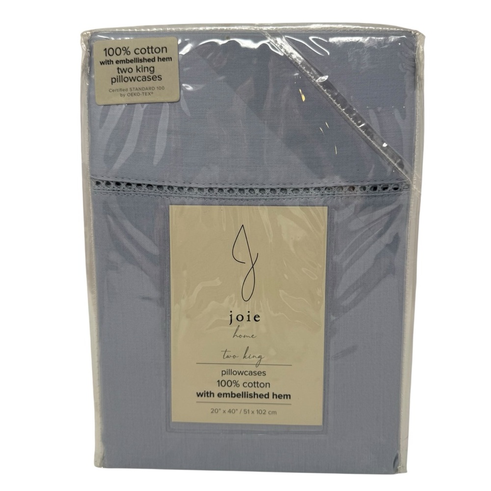 Joie Home set of 2 KING blue cotton pillowcases Embellished hems NEW